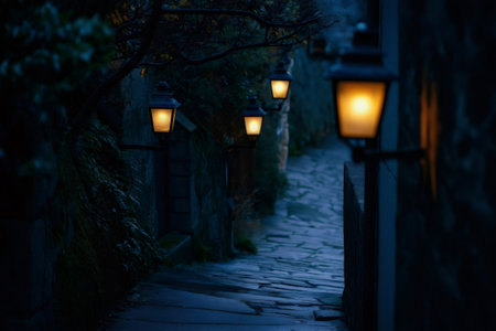 Warm light from vintage street lamps illuminates a quiet residential street paved with stones at dusk, creating a peaceful and nostalgic atmosphereの素材