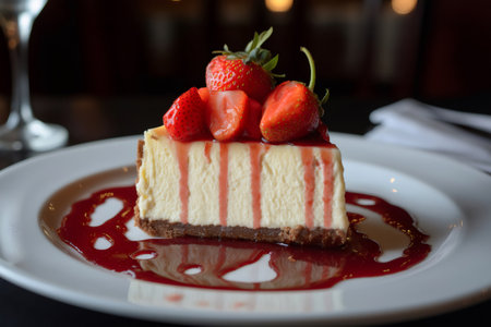 Creamy cheesecake slice served on white plate with fresh strawberries and strawberry coulis, ready to be enjoyedの素材