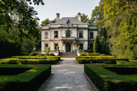 Cobblestone driveway leading to a beautiful white renaissance style villa surrounded by a perfectly manicured gardenの素材