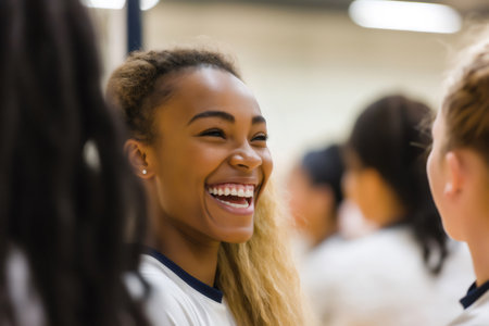 Happy young woman volleyball player laughing with her teammates after a fun practice session in the gymの素材