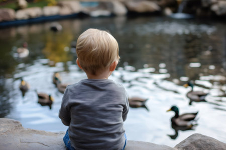 Blond toddler sitting on a rock, watching ducks swim gracefully in a tranquil pond, immersed in the beauty of nature at the parkの素材