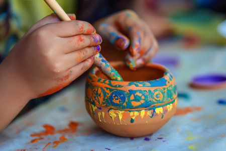 Young artist skillfully painting a small clay pot with bright colors, showcasing creativity and artistic expression in a lively settingの素材