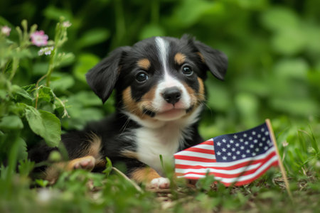 Adorable tricolor puppy lying on the grass near small United States flag, enjoying a sunny dayの素材