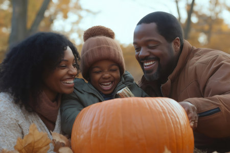 Smiling African American parents and their son carving a pumpkin for Halloween in a park during a beautiful autumn dayの素材