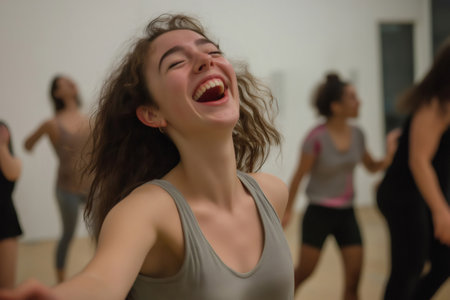 Dancer joyfully laughs during a rehearsal, surrounded by fellow performers in a lively studio, capturing the essence of happiness and creativityの素材