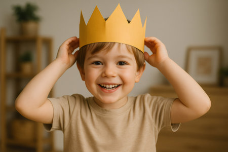 Happy child wearing a golden paper crown, joyfully playing king at home, embracing the fun of imaginative childhood adventuresの素材