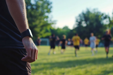 Close up of a coaches hand with team practicing soccer in blurred background on green field under sunlightの素材