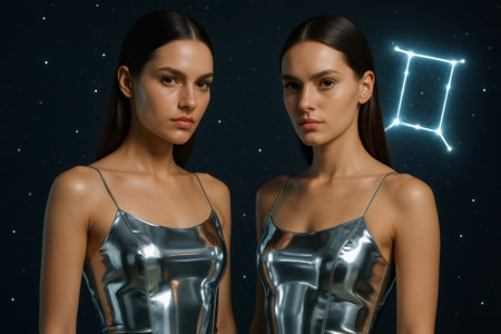 Two models wearing silver dresses are posing with the Gemini constellation shining in the backgroundの素材