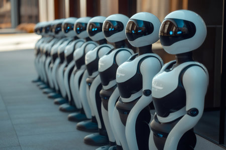 Row of futuristic humanoid robots in uniform alignment, symbolizing technology, artificial intelligence and advanced automationの素材