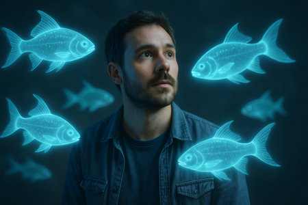 Man looking at holographic fish swimming around him in augmented reality environment, exploring future technologies and virtual projectionsの素材