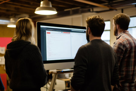 Developers programming and coding together on computer screen, brainstorming during a collaborative web design sprint in a modern officeの素材