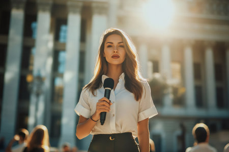 Young woman journalist reporting breaking news holding microphone in city, reporting live journalismの素材