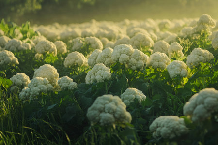 Vibrant cluster of white cauliflower plants thriving in a green field under soft natural sunlight with healthy leafy growthの素材