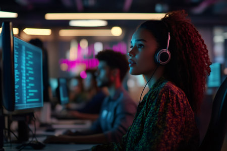 Young woman wearing headphones at her desk in a vibrant open office with diverse colleagues working in the backgroundの素材
