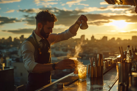 Professional bartender preparing a cocktail using a shaker and strainer on a rooftop bar, with a cityscape in the background at sunsetの素材