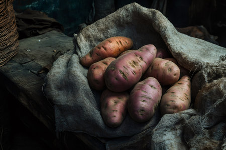 Organic sweet potatoes resting on rough burlap fabric in a rustic setting, symbolizing harvest, farm life, and natural produceの素材