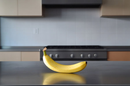 Ripe banana lying on a clean steel countertop in a contemporary kitchen, embodying simplicity and healthy eatingの素材