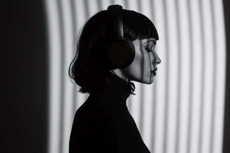 Stylish black and white silhouette of a young woman in profile wearing headphones against striped light backgroundの素材