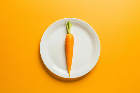 Minimalist image of a single carrot on a white plate, set against a vibrant orange background, representing a healthy eating conceptの素材