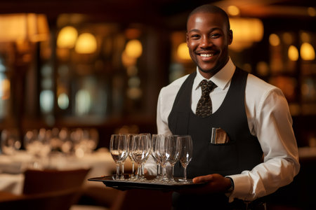 Smiling waiter carrying a tray of empty wine glasses in a luxury restaurant, ready to serve customersの素材