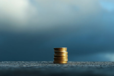 Gold coins stacked on a gray surface with a blurred blue background, symbolizing savings, investment, and financial growthの素材