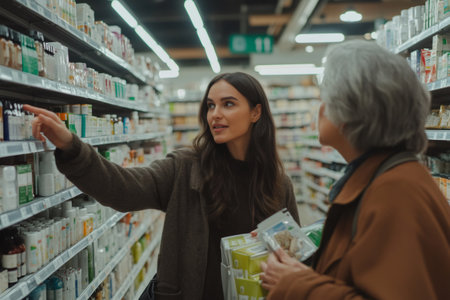 Young store worker assisting senior woman in selecting healthy products while navigating the grocery store aisles togetherの素材