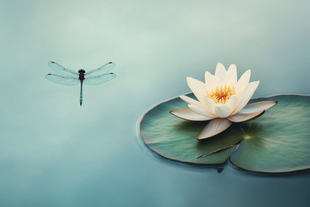Dragonfly gracefully flying over a pristine white water lily, surrounded by large green leaves floating on calm blue water, creating a serene sceneの素材