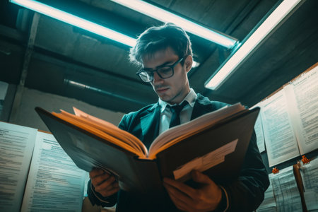 Concentrated young male accountant in glasses and formal attire reading a thick codebook under fluorescent office lightsの素材