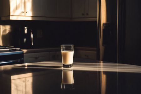 Single glass of milk sits on reflective kitchen counter with morning sunlight streaming in, creating a cozy atmosphereの素材