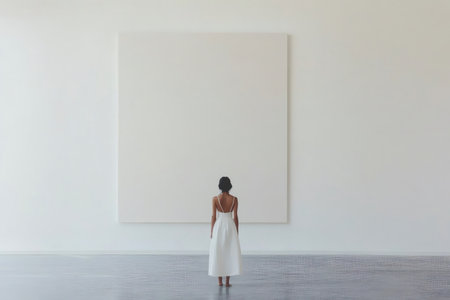 Woman contemplating a large blank canvas in a minimalist, modern art gallery, representing creativity, inspiration, and the potential of artの素材