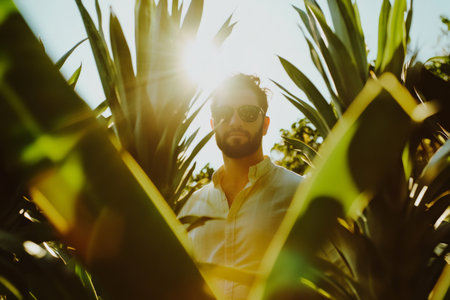 Stylish man in sunglasses standing among tropical leaves with dramatic sunlight, creating a warm and vibrant atmosphereの素材