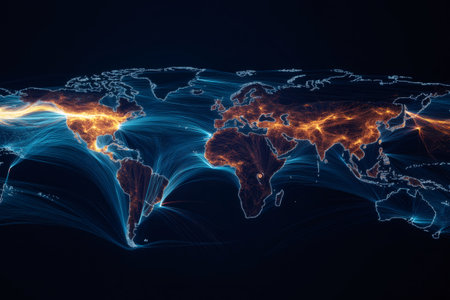 Luminous lines are connecting continents and countries, representing global shipping routes and international tradeの素材