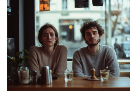 Young man and woman sitting at a cafe table, looking sad and bored, sharing an uncomfortable moment in their troubled relationshipの素材