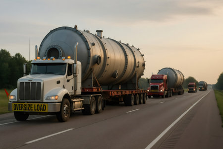 Convoy of trucks transporting large industrial tanks on a highway at sunrise, demonstrating logistics and heavy cargo transportationの素材