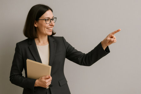 Smiling teacher pointing with index finger at something while holding a folder, isolated on gray backgroundの素材