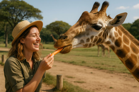 Happy zookeeper feeding a giraffe with a carrot, enjoying a close encounter in a sunny wildlife parkの素材