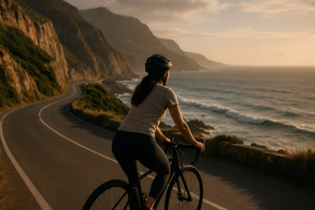 Female cyclist taking a break from her ride along a scenic coastal road, enjoying the breathtaking view of the ocean at sunsetの素材