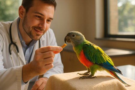 Veterinarian is offering a treat to a parrot during a recovery treatment inside a veterinary clinicの素材