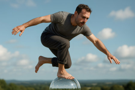 Man carefully balances on a transparent glass sphere in a natural outdoor setting, showing impressive acrobatic skillsの素材