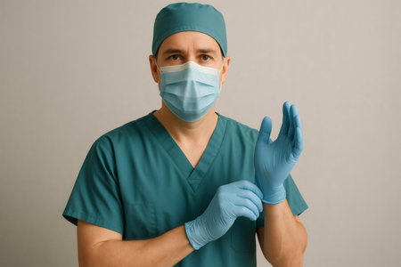 Surgeon wearing medical scrubs, face mask and putting on sterile gloves, preparing for surgeryの素材