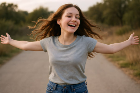 Carefree young woman laughing with open arms and hair blowing in the wind, expressing joy and freedom on a peaceful country roadの素材