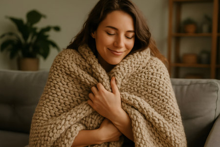 Enjoying warmth and comfort, a young woman smiles serenely while wrapped in a chunky, knitted blanket on a sofaの素材