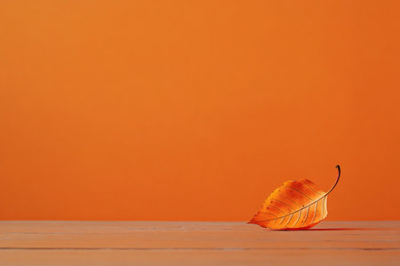 Close up of a single autumn leaf resting on a wooden table against a vibrant orange backdrop, creating a minimalist fall sceneの素材