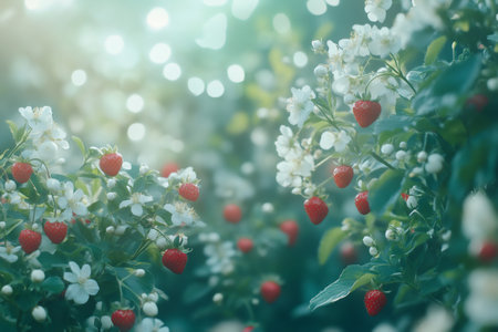 Fresh red strawberries grow among delicate white blossoms and green leaves, glowing under soft sunlight in a lush gardenの素材