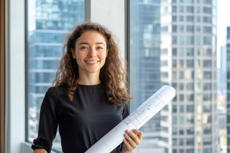 Confident young woman architect holding construction blueprint, smiling, standing in modern office building with city viewの素材