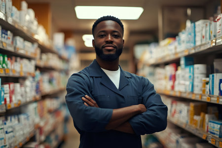 African American man working in a store, standing in a pharmacy aisle. He is a confident and reliable employeeの素材