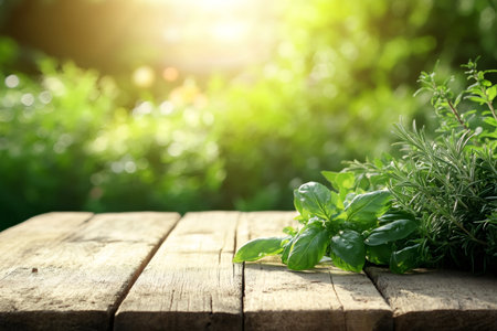 Green basil and rosemary on a rustic wooden table with bright garden background, symbolizing freshness and natural cookingの素材