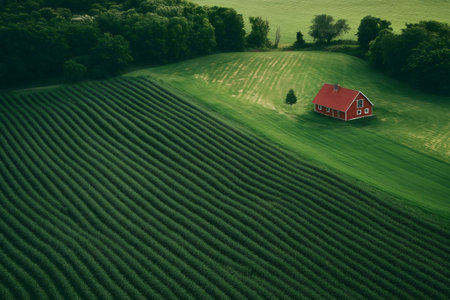 Aerial view of a red barn house surrounded by endless green cultivated fields, creating a peaceful rural landscapeの素材