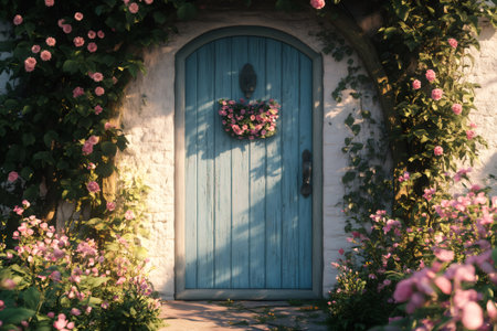Rustic blue wooden door framed by climbing roses and lush greenery creates a cozy and inviting countryside cottage entranceの素材