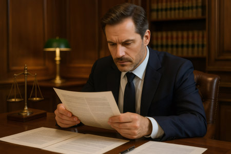 Serious lawyer immersed in reading crucial documents while working late in an elegant office filled with books and a warm lamp glowの素材